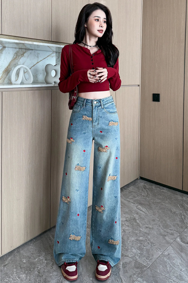 Embroidered Dog Straight Leg Jeans - Korean Loose Denim Pants