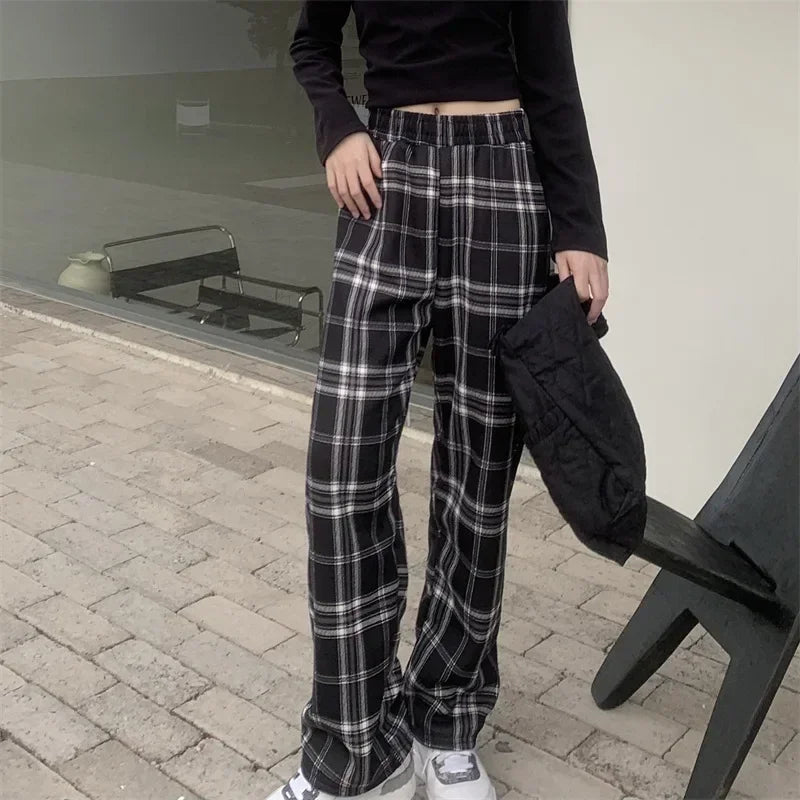 Fleece Lined Plaid Trousers - High Waisted Straight Winter Pants
