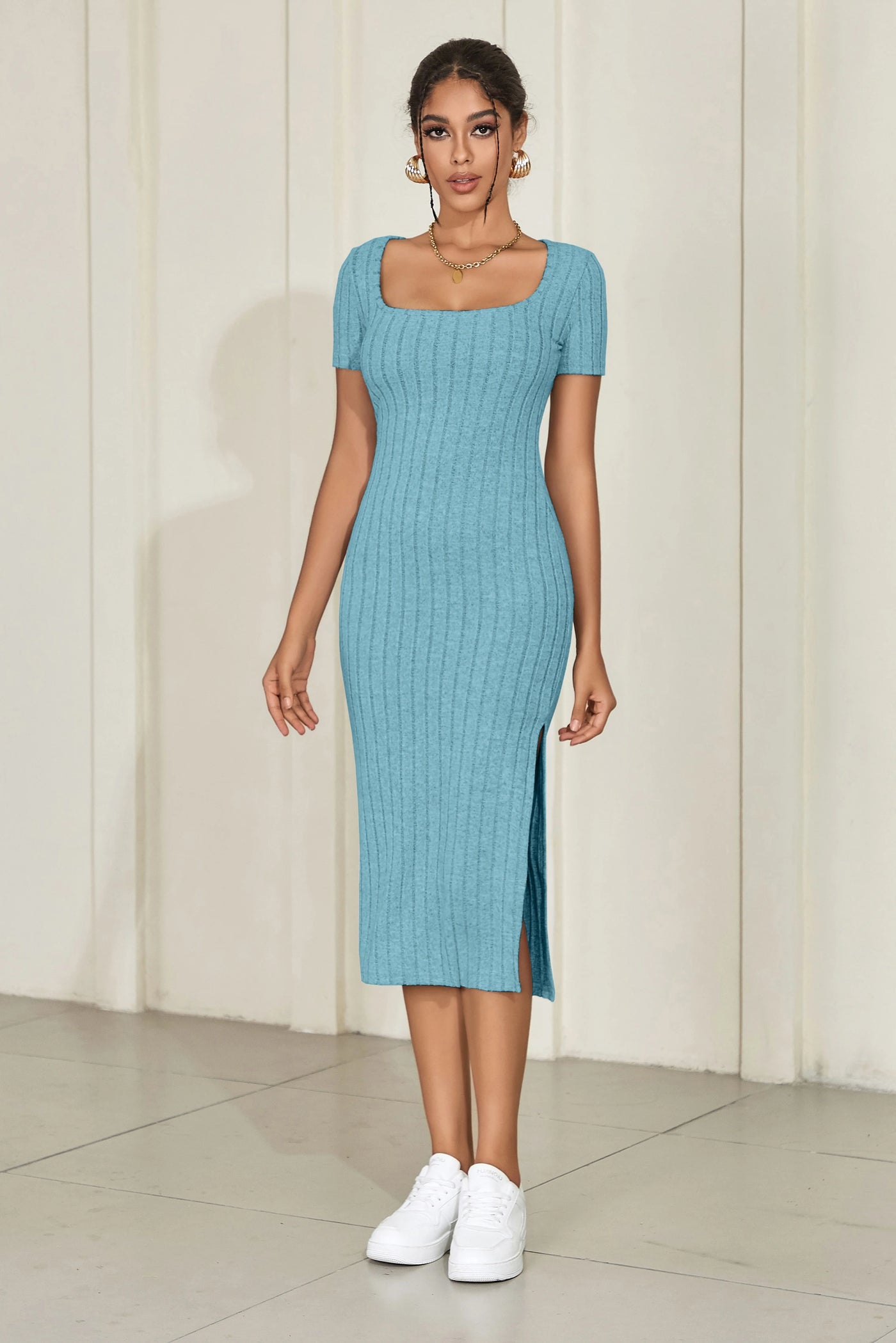 Square Neck Knitted Slit Dress - Short Sleeve Mid-Length Summer Outfit