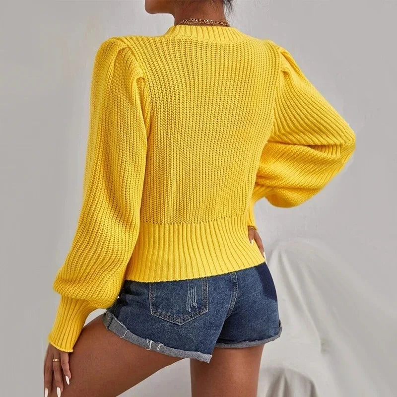 Lantern Sleeve Knitted Sweater - Solid Loose Autumn Pullover