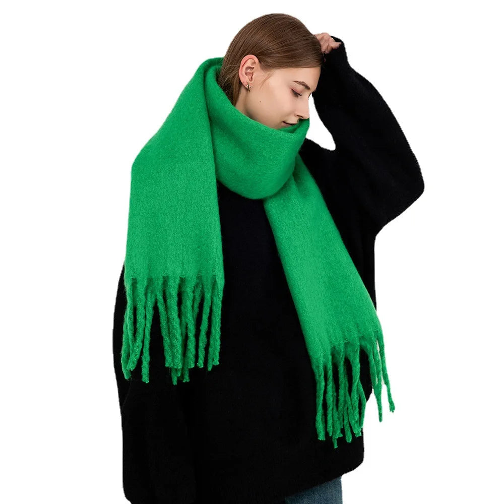 Soft Solid Winter Scarf - Long Tassel Mohair-Feel Wrap