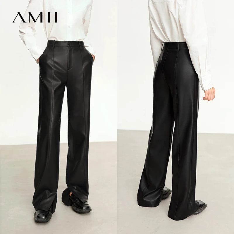 PU Leather Straight Slit Pants - Minimalist Floor Length Trousers