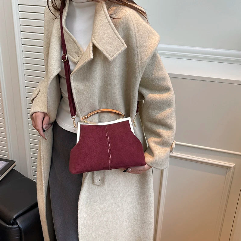 Suede Wooden Handle Top Bag - Vintage Gold Tone Frame Purse