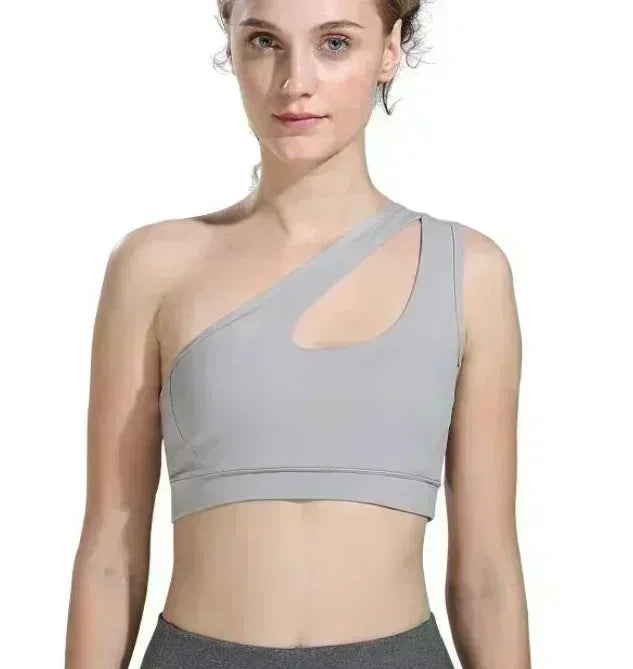 One Shoulder Yoga Sports Bra - Wire Free Push Up Crop Top