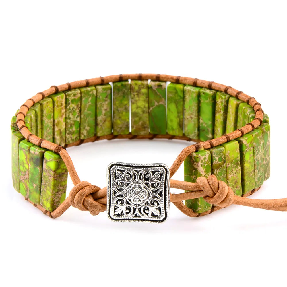 Multicolor Natural Stone Leather Wrap Bracelet - Tibetan Gypsy Bead Jewelry