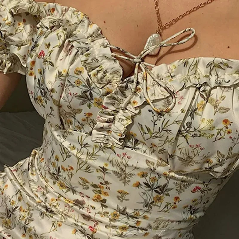 Floral Off Shoulder Maxi Dress - Puff Sleeve Lace Up Side Split Outfit