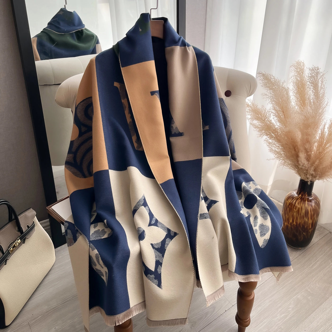 Floral Print Cashmere-Feel Scarf - Soft Autumn Winter Shawl