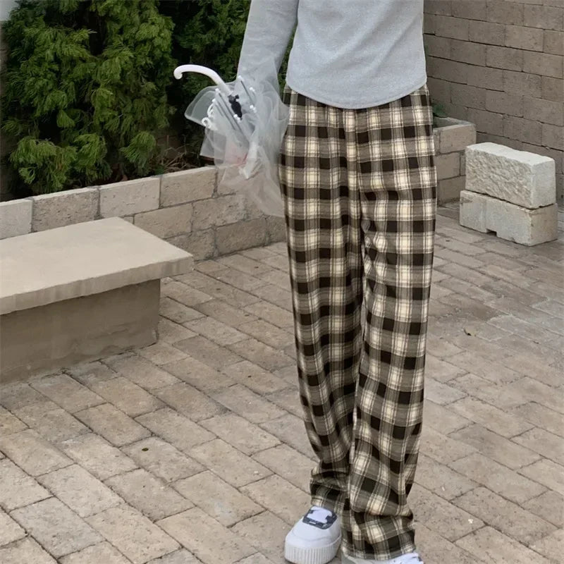 Fleece Lined Plaid Trousers - High Waisted Straight Winter Pants
