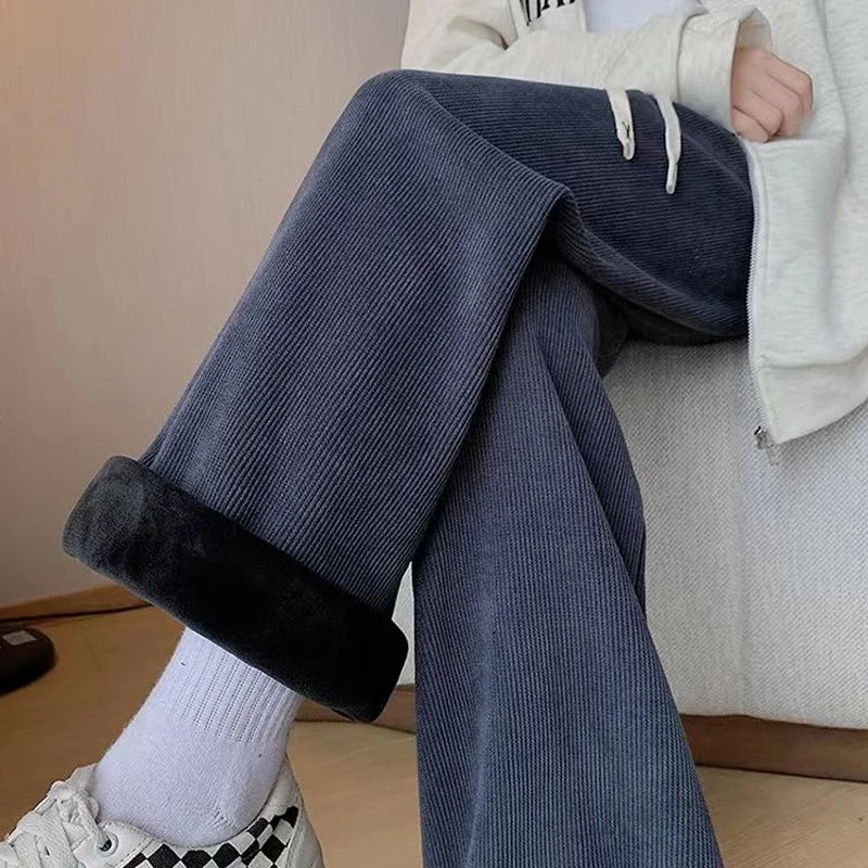 Corduroy Fleece Straight Pants - Elastic Waist Vintage Casual Trousers