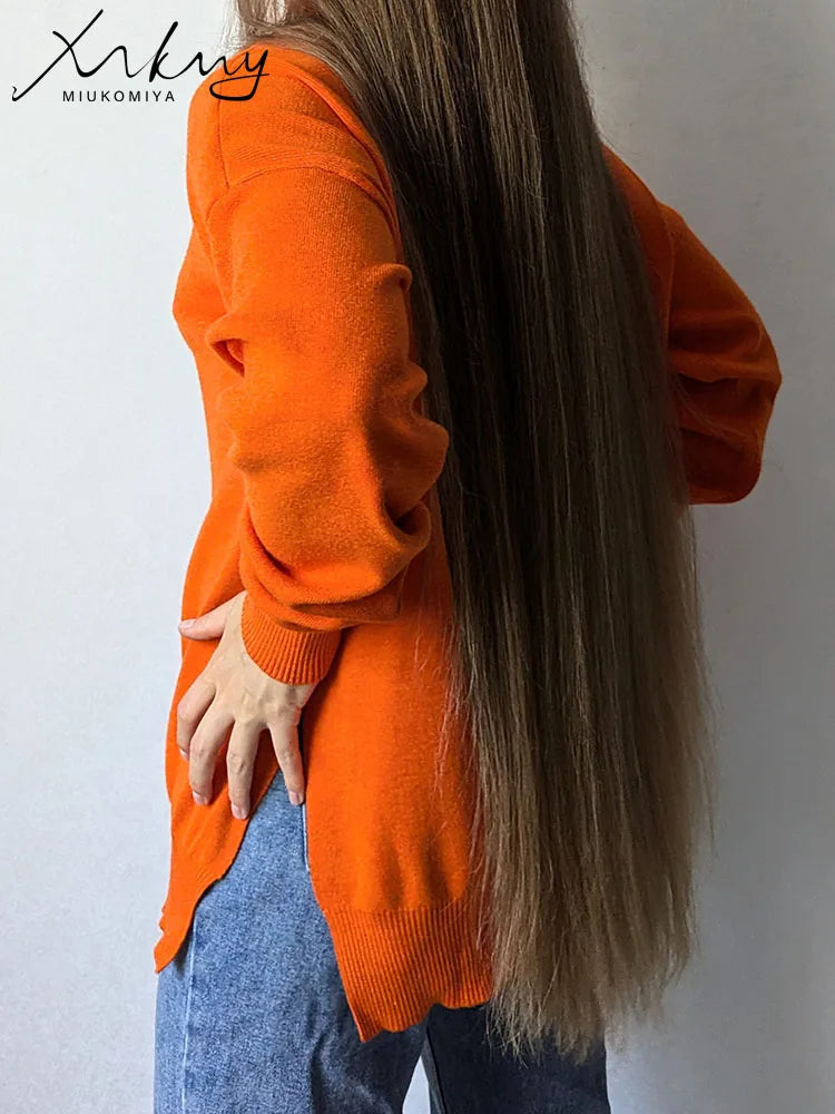 Side Split Turtleneck Sweater - Oversize Knitted Autumn Pullover
