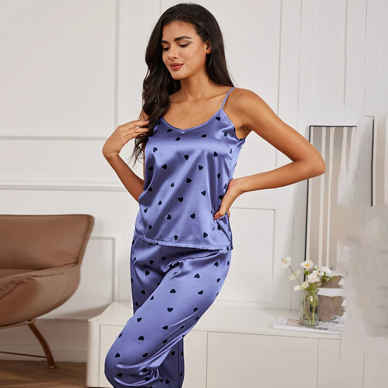 Satin Cami Vest Pajama Set - V Neck Top and Trousers Nightwear