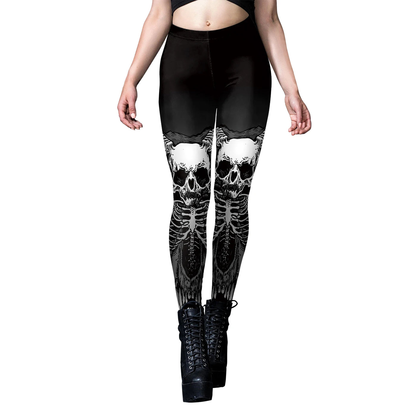 Halloween Skeleton Print Leggings - Gothic Punk Stretch Tights