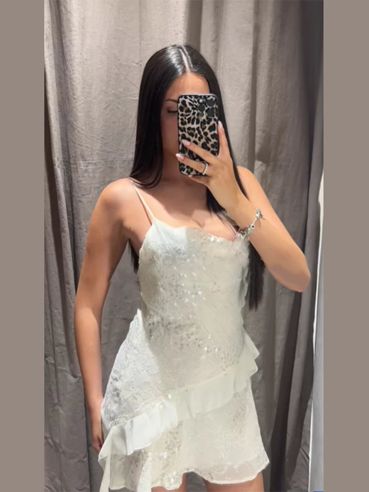 White Sequin Halter Dress - Backless Ruffle Party Prom Outfit