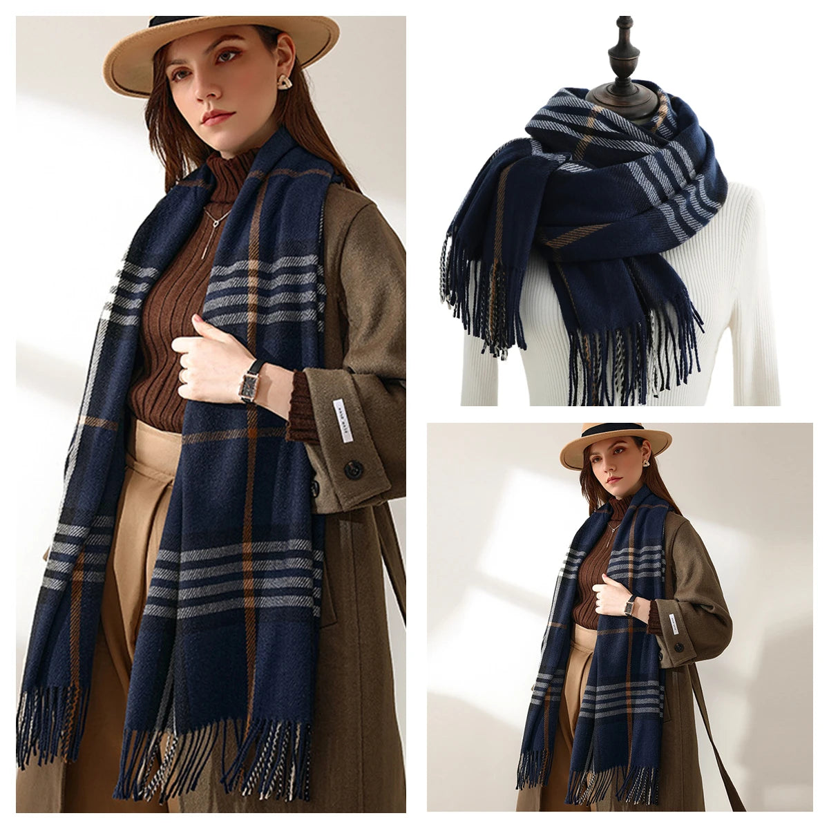 Classic Plaid Blanket Scarf - Cashmere-Feel Large Warm Shawl
