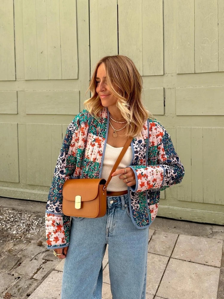 Vintage Print Patchwork Cotton Coat - Loose Short Winter Jacket