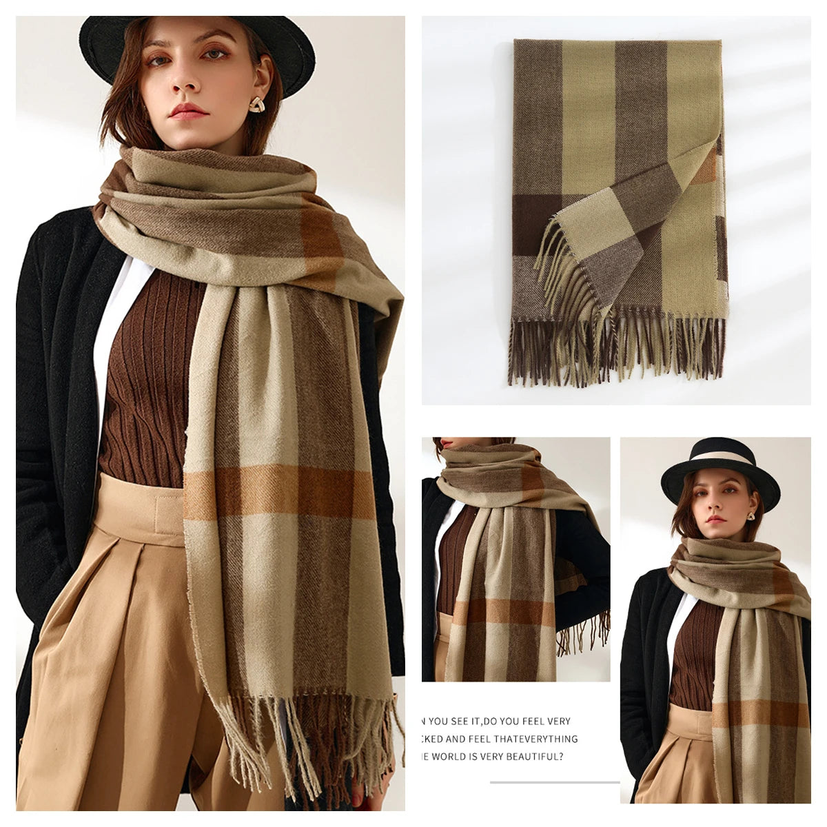 Classic Plaid Blanket Scarf - Cashmere-Feel Large Warm Shawl