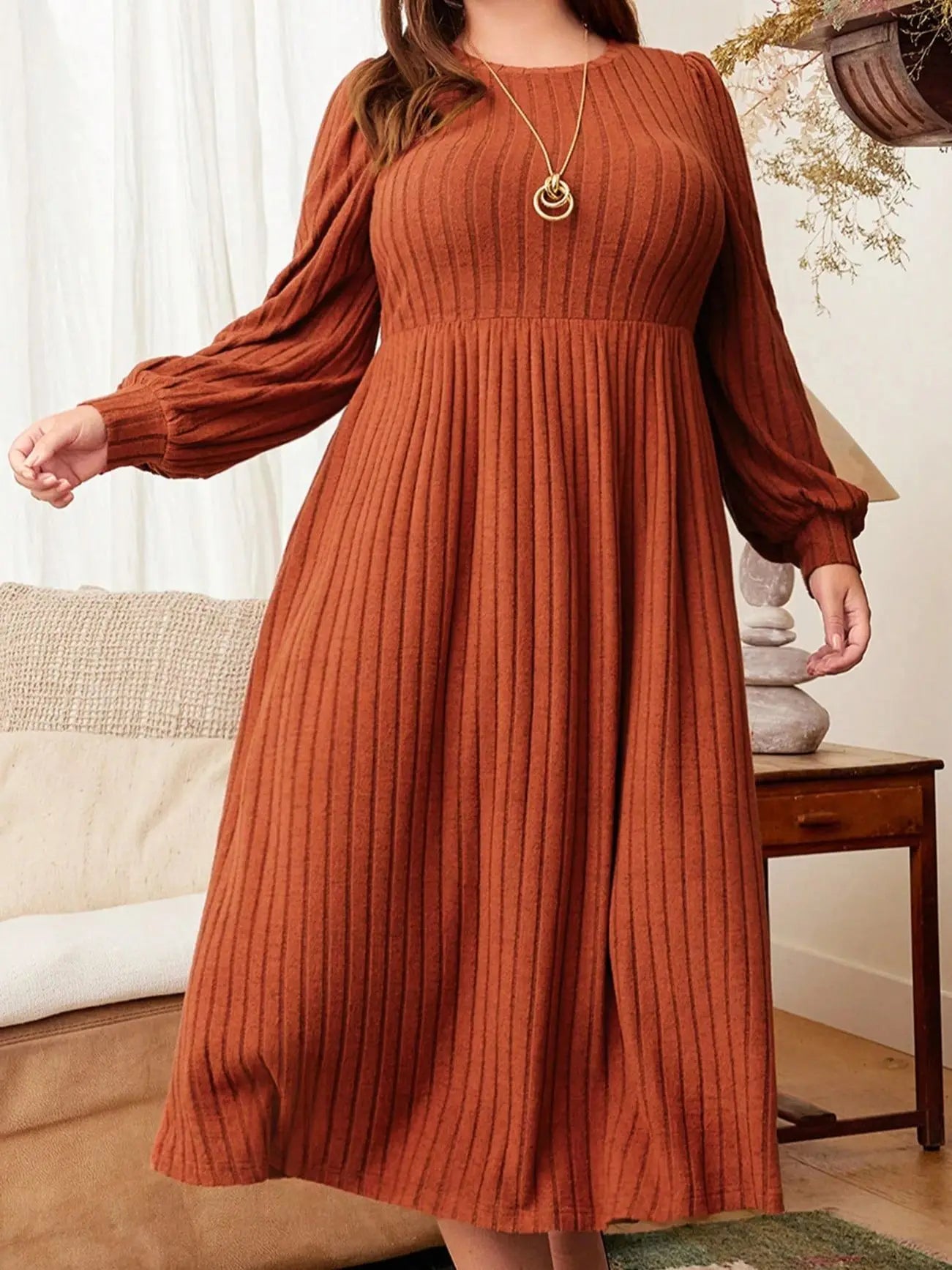 Plus Size Solid Long Sleeve Maxi Dress - Round Neck Autumn Outfit