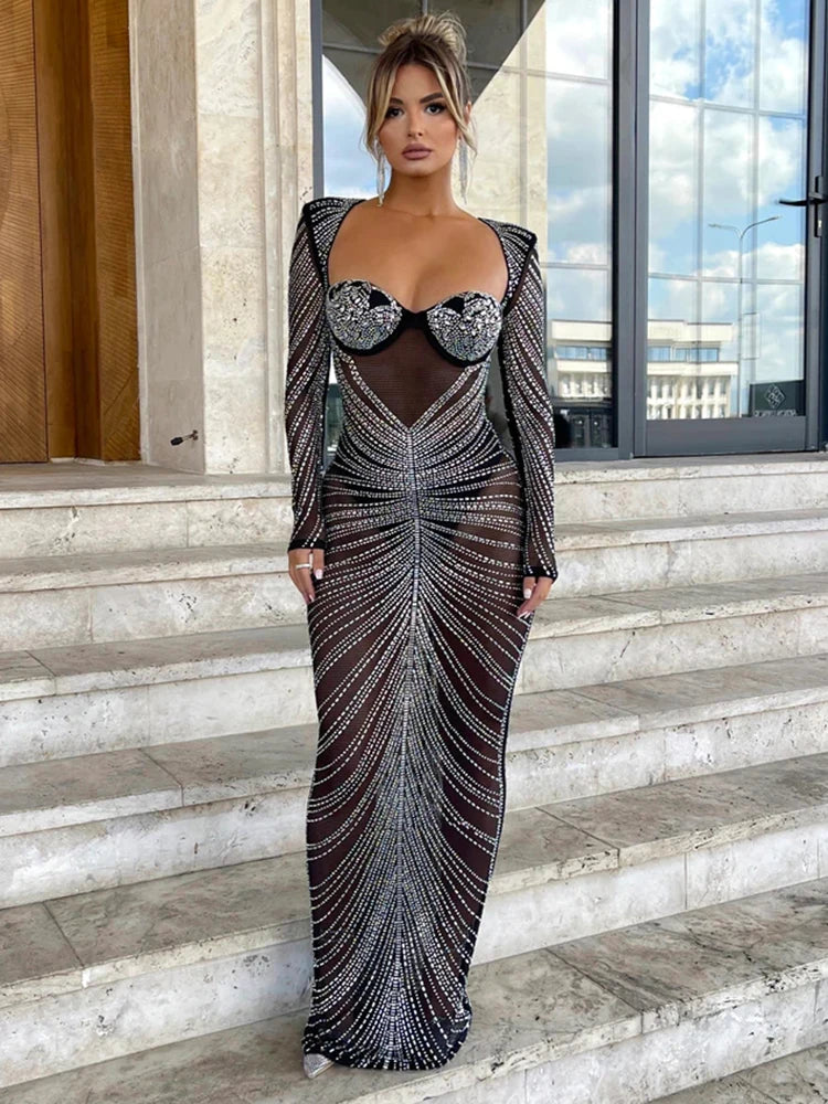 Glitter Mesh Bodycon Maxi Dress - Long Sleeve See Through Evening Outfit
