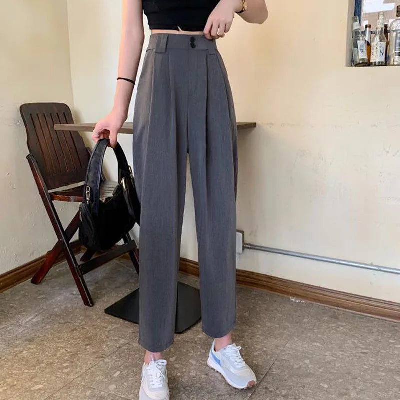 Black Gray High Waist Suit Pants - Loose Nine Point Trousers