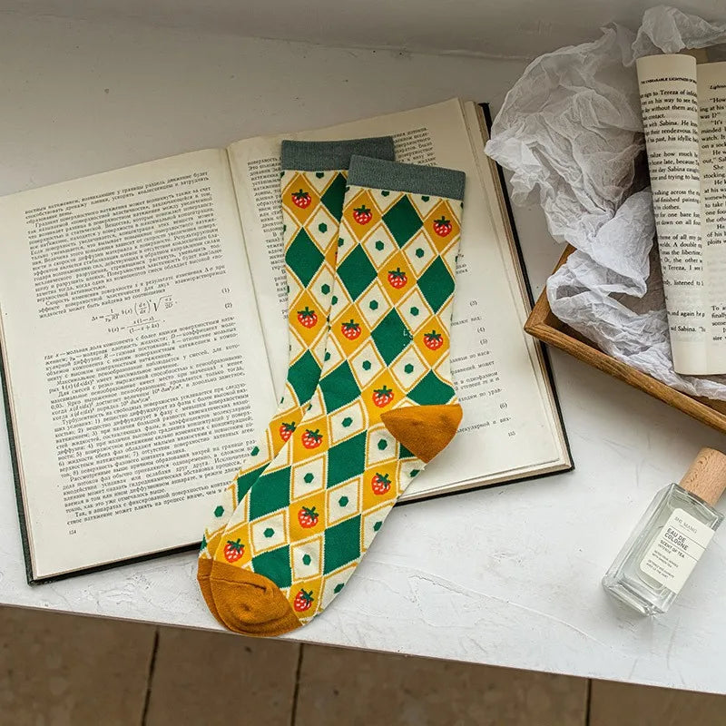 Diamond Fruit Flower Long Socks - Cute Colorful Pattern Crew Pair