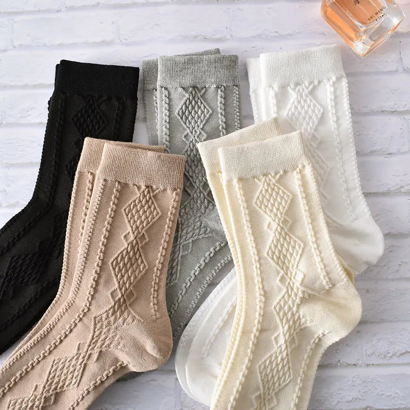 Floral Embossed Knit Socks - Retro Harajuku 5 Pair Style