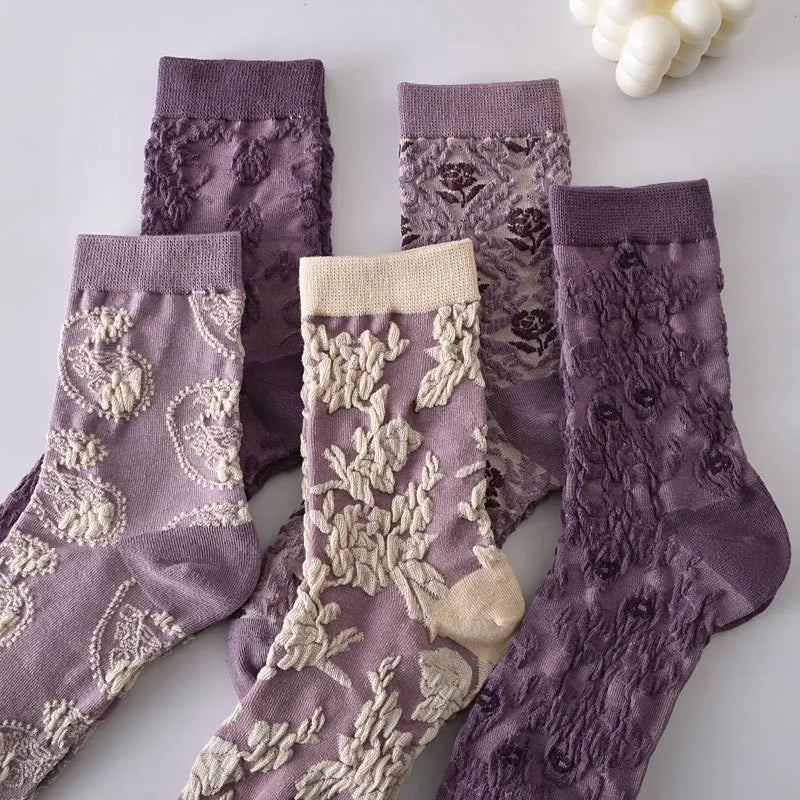 Floral Embossed Knit Socks - Retro Harajuku 5 Pair Style