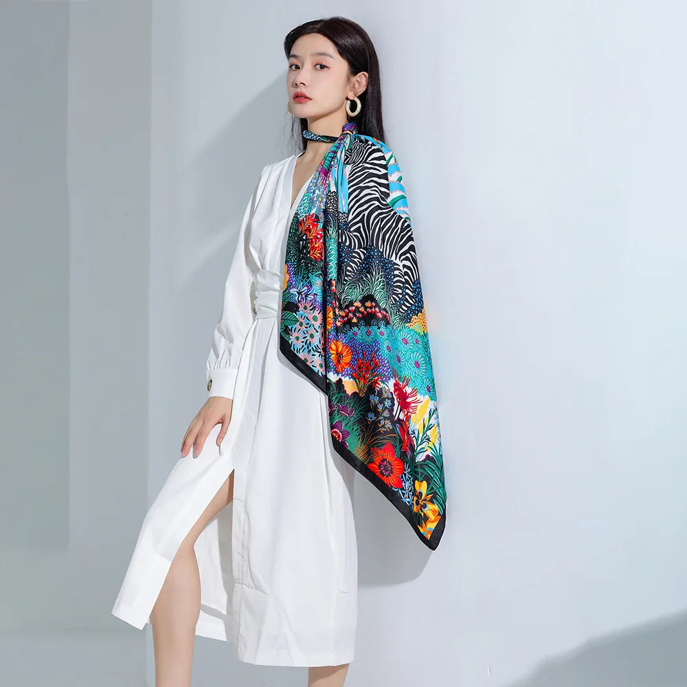 90cm Silk-Feel Square Scarf - Office Hair Neck Bandana Wrap