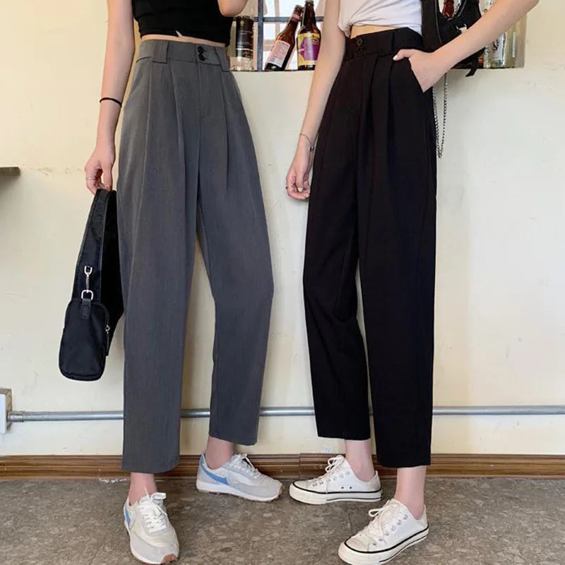 Black Gray High Waist Suit Pants - Loose Nine Point Trousers