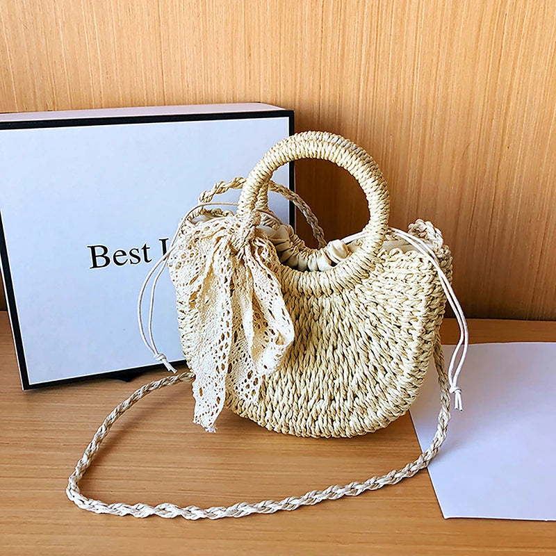 Half-Round Rattan Straw Crossbody Bag - Handmade Summer Beach Purse