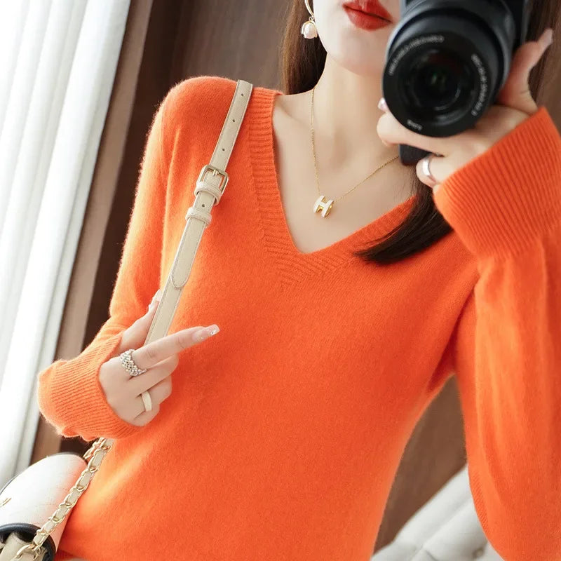 V Neck Stretch Pullover Sweater - Slim Solid Knitwear Top