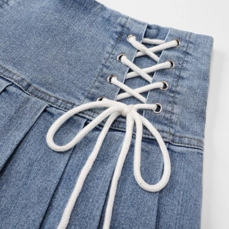 Denim Lace-Up Pleated Mini Skirt - Korean High Waist Streetwear Skirt