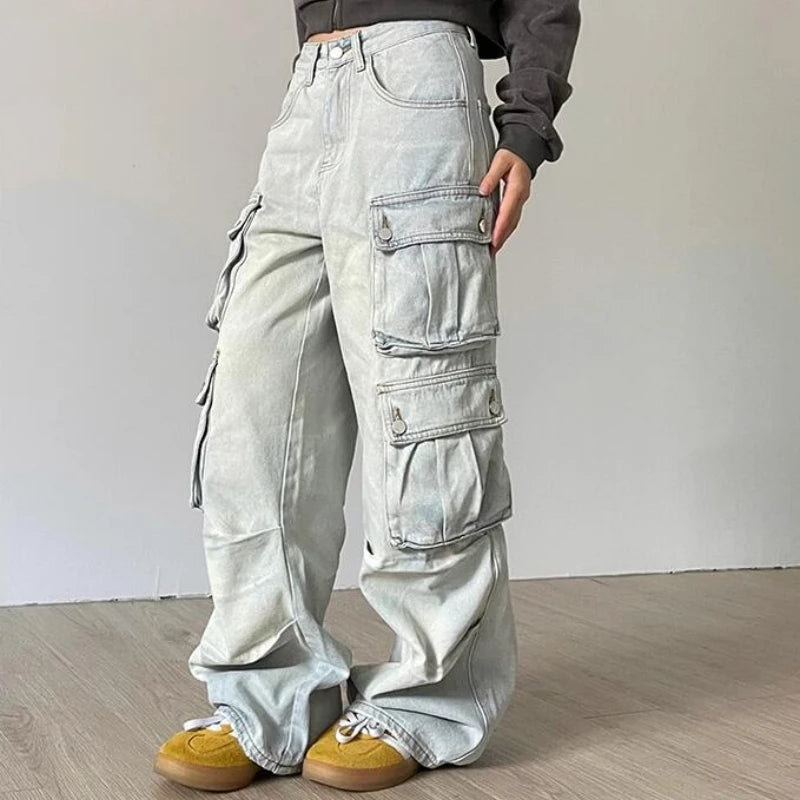 Multi-Pocket Cargo Jeans - American Street Baggy Wide Leg Denim
