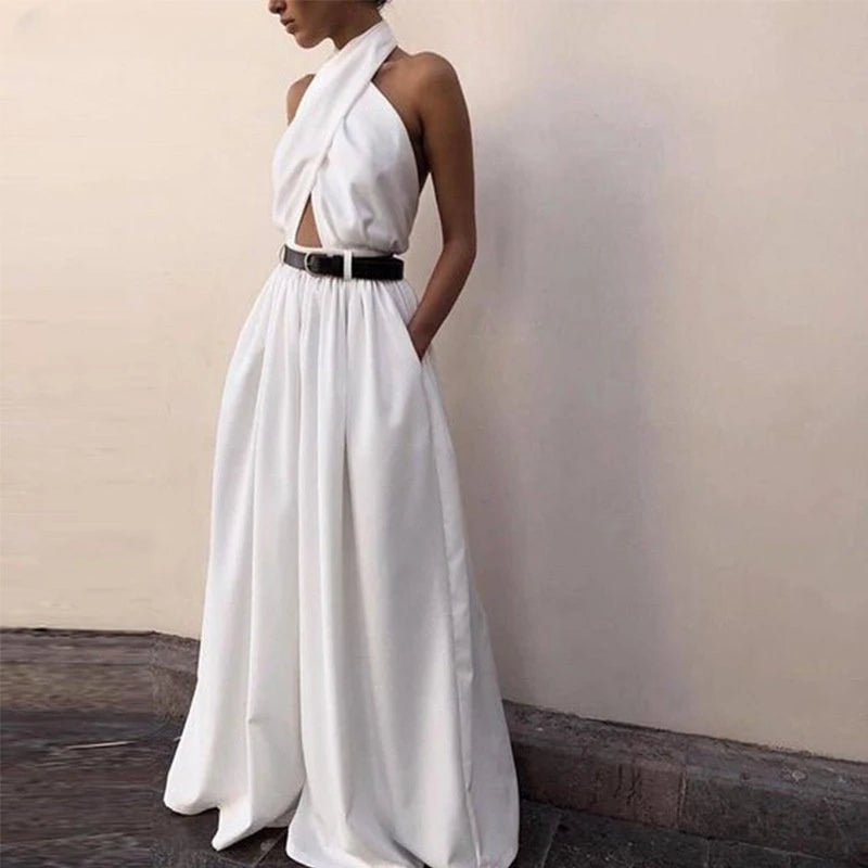 White Backless Wide Leg Jumpsuit - Halter High Waist Streetwear Outfit
