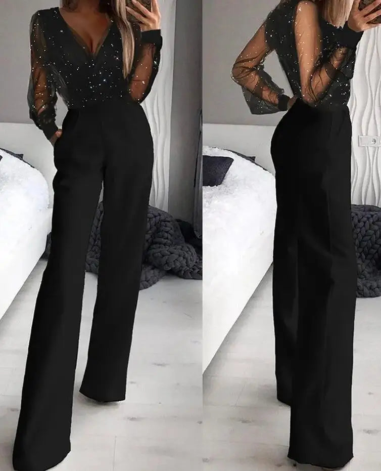 Long Sleeve Mesh Sequin Jumpsuit - V Neck Slim Evening Outfit