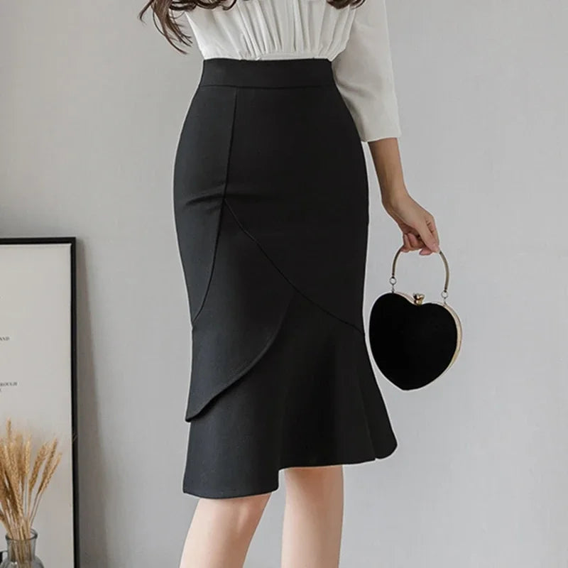 Elegant Black Bodycon Midi Skirt - High Waist Office Corset Skirt