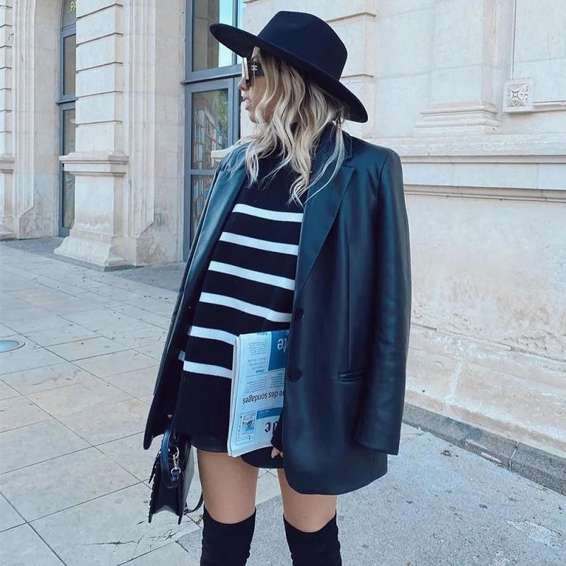 Black White Stripe Turtleneck Sweater - Loose Knit Pullover