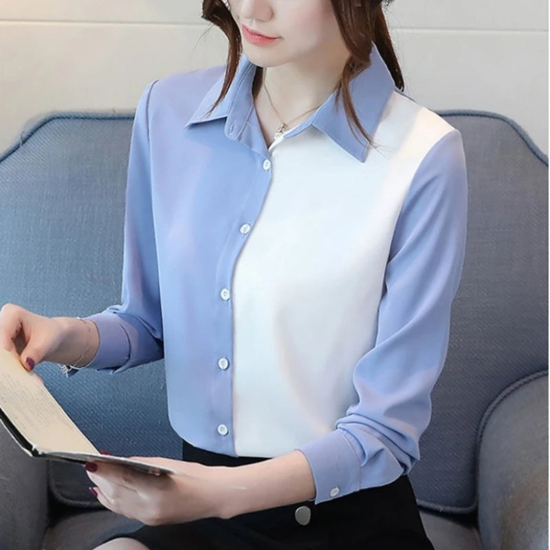 Solid Turn Down Collar Blouse - Slim Office Lady Button Shirt