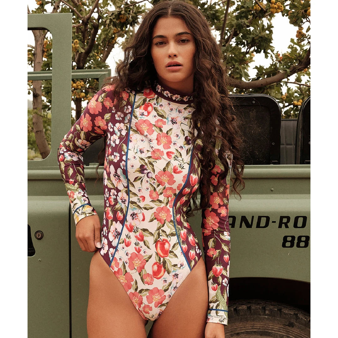 Long Sleeve Floral Surf Swimsuit - Black Retro One Piece Swimwear