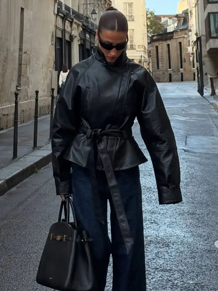 Faux Leather Belted Trench Jacket - Short Motorcycle Style Coat
