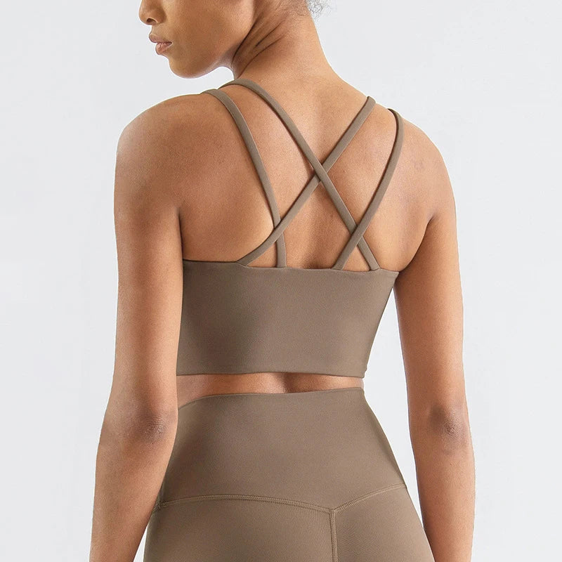 Nylon Cross Back Sports Bra - Elastic Yoga Gym Bralette