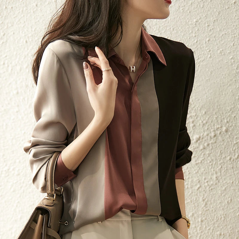 Satin Button Blouse - Long Sleeve Polo Collar Office Shirt