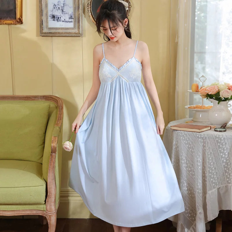 Embroidered Lace Cotton Nightdress - Palace Style Sling Sleepwear