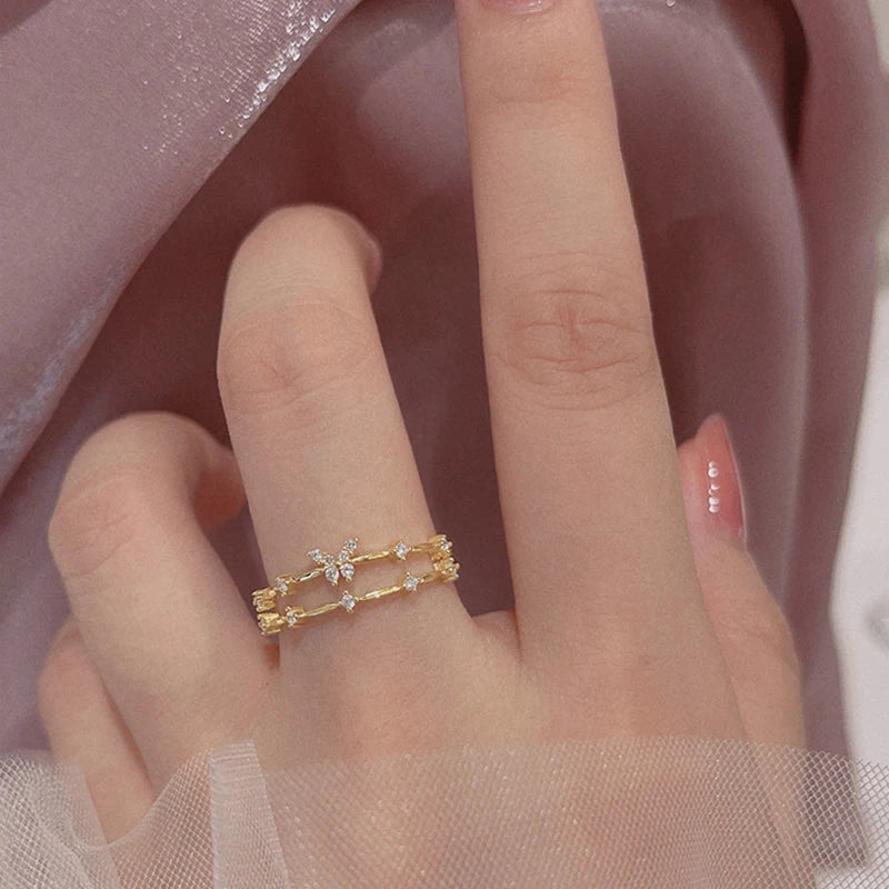 Zircon Butterfly Adjustable Ring - Silver Color Double Layer Accessory