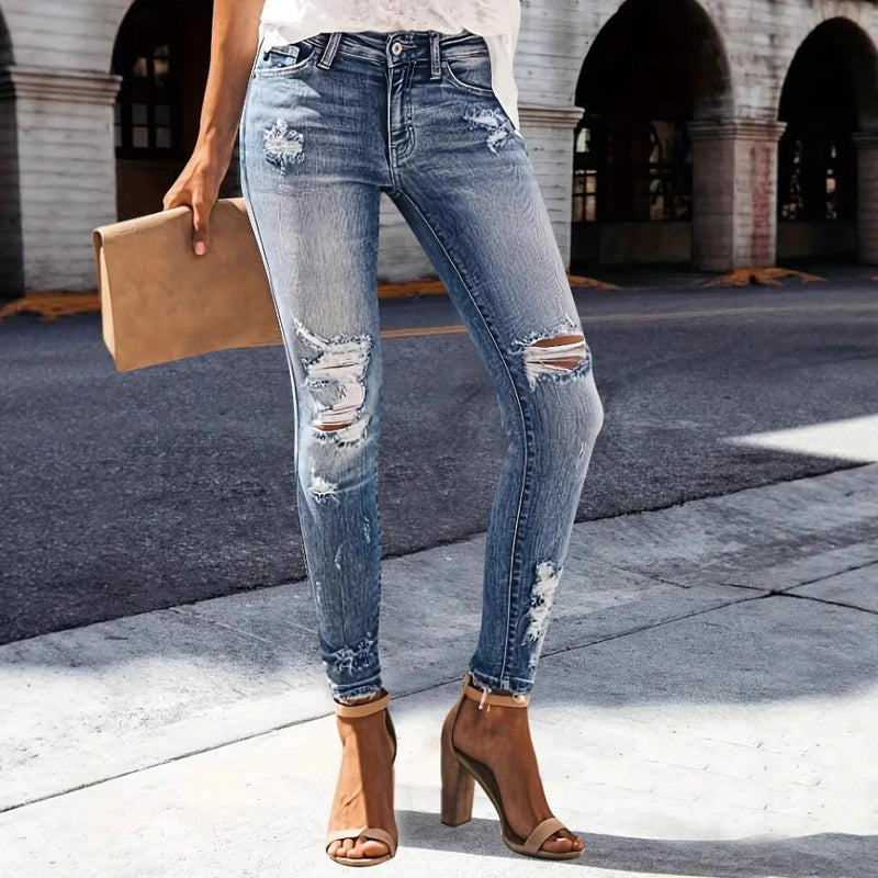 Washed Distressed Straight Jeans - Stretch Ripped Streetwear Denim