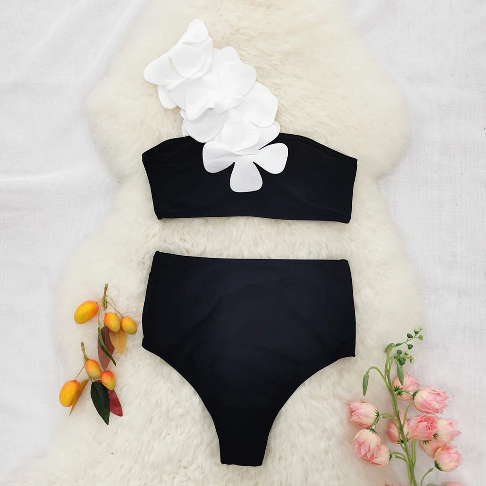 Floral Bandeau Bikini Set - High Waist Pink Beach Swimwear