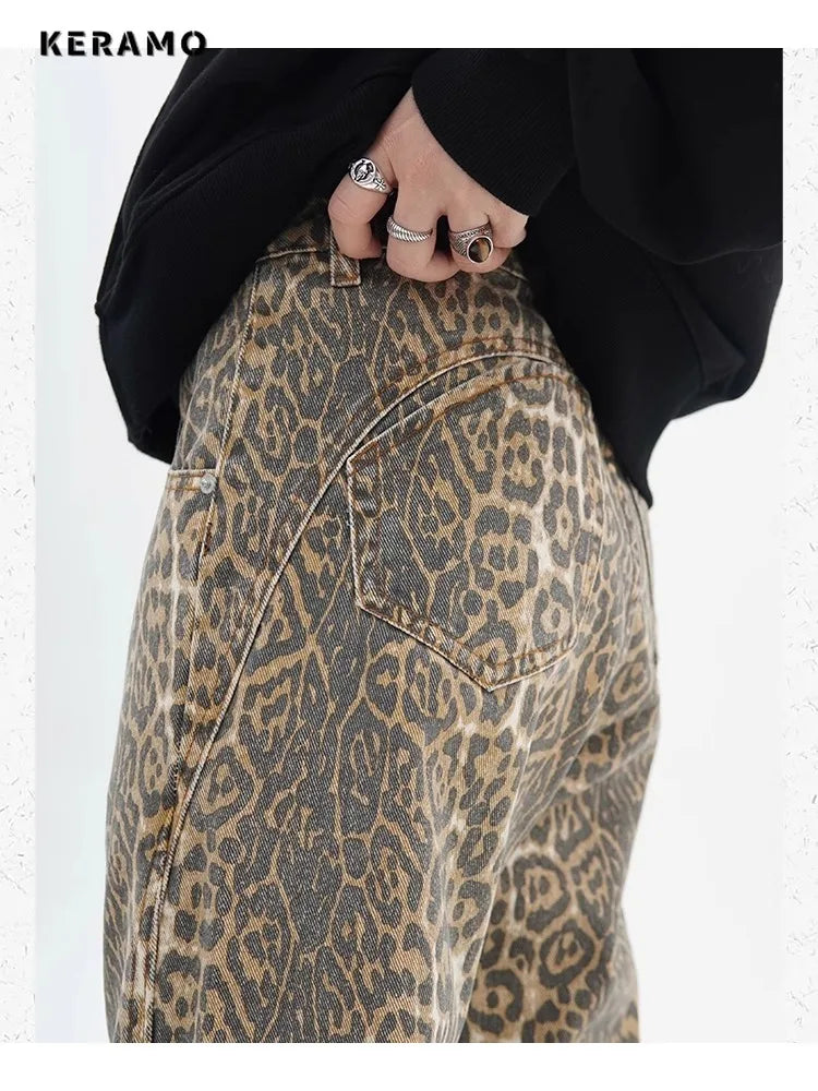 Leopard Print Wide Leg Jeans - Oversized High Waist Denim Pants