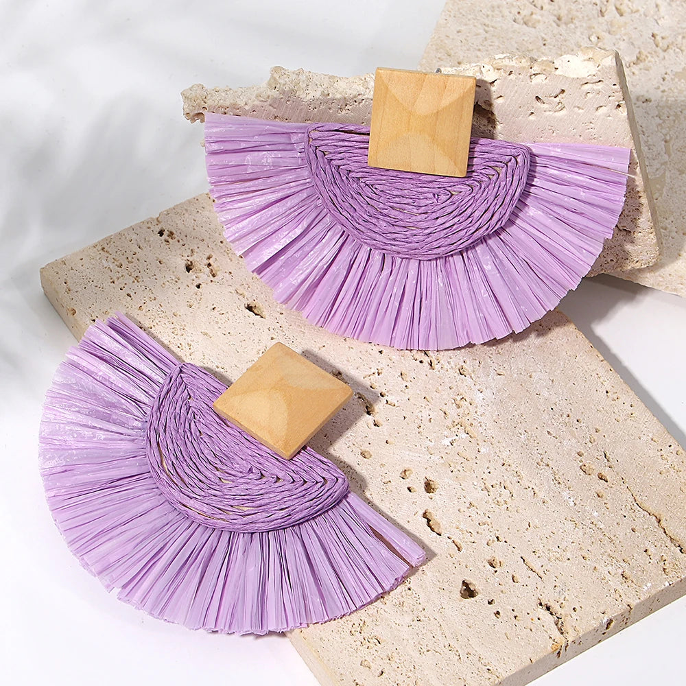 Handmade Raffia Fan Drop Earrings - Wooden Rattan Summer Jewelry