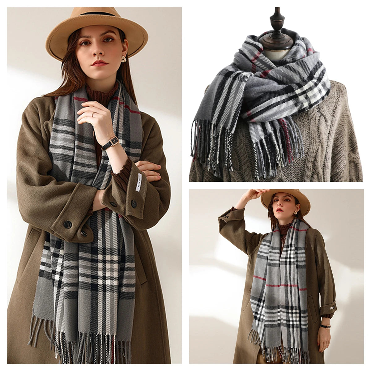 Classic Plaid Blanket Scarf - Cashmere-Feel Large Warm Shawl