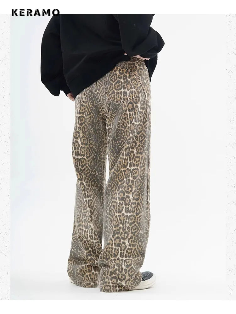Leopard Print Wide Leg Jeans - Oversized High Waist Denim Pants