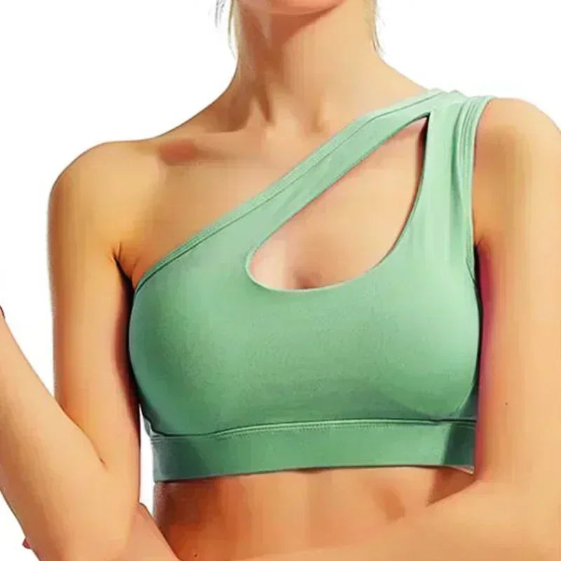 One Shoulder Yoga Sports Bra - Wire Free Push Up Crop Top